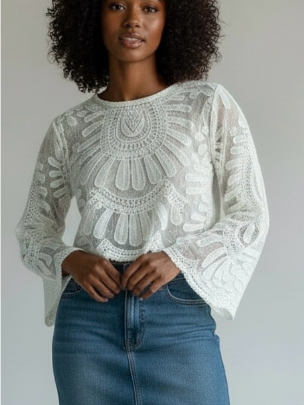 Crochet Lace Long-Sleeve Crop Top